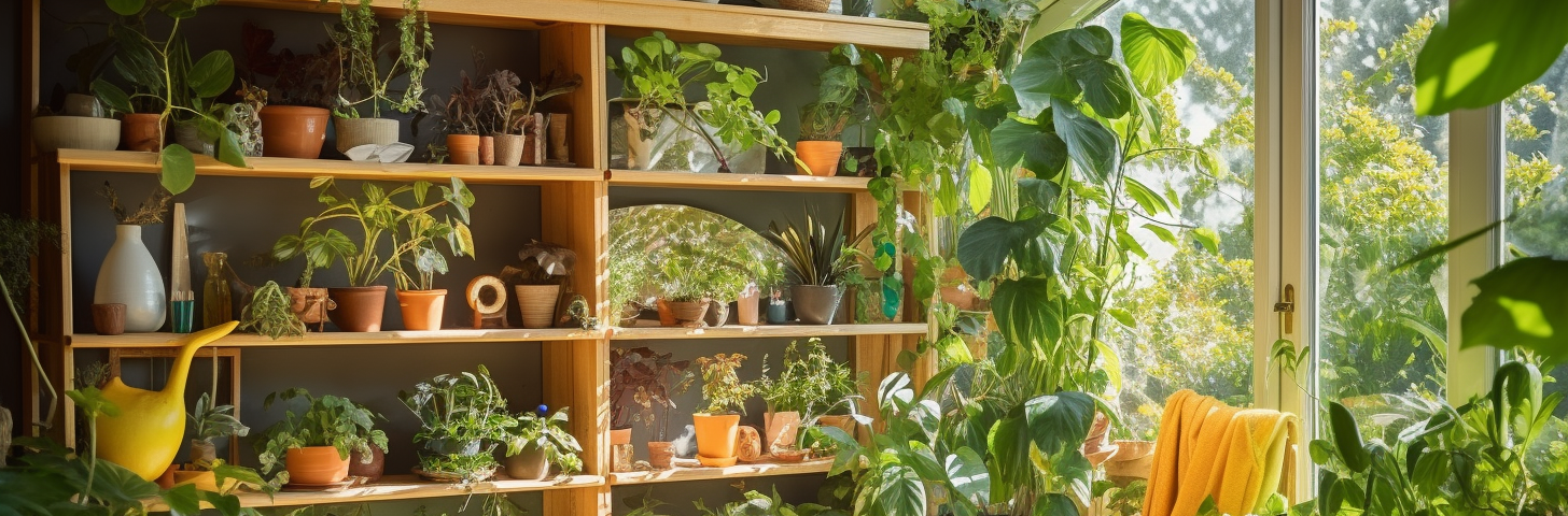 A sun-drenched living room with lush, thriving indoor plants meticulously arranged on a wooden shelf.