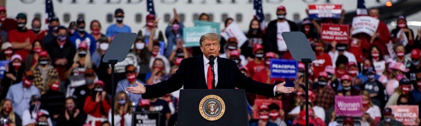 Donald Trump addresses a crowd at the Fayetteville Regional Airport on September 19, 2020 in Fayetteville, North Carolina.