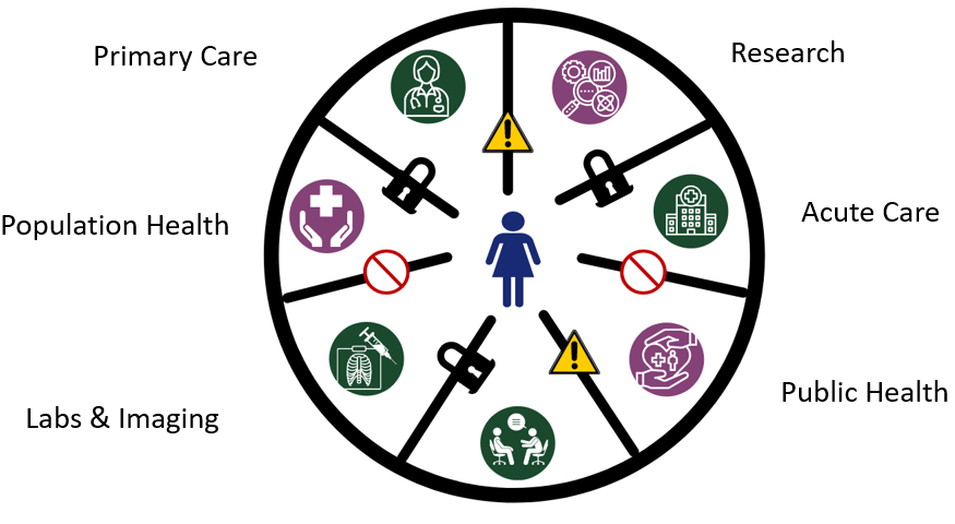 A circular graphic containing seven icons representing the barriers to data sharing between various aspects of the health care system: primary care, population health, labs & imaging, mental health, public health, acute care and research.