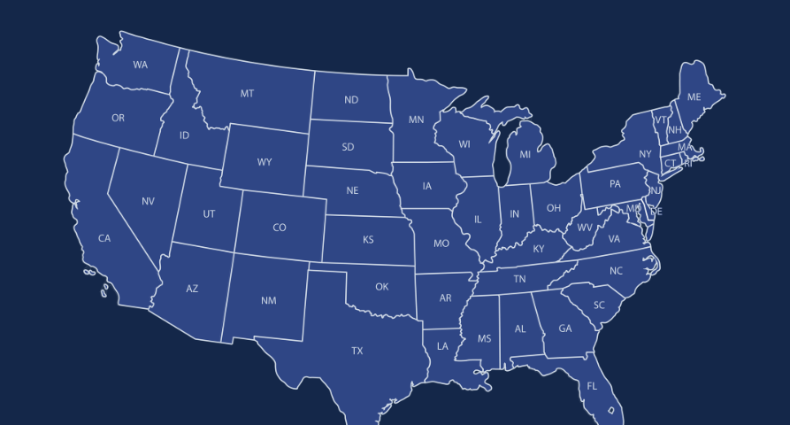 Nationwide US map in dark blue with Alaska, Hawaii, and territories along the bottom.