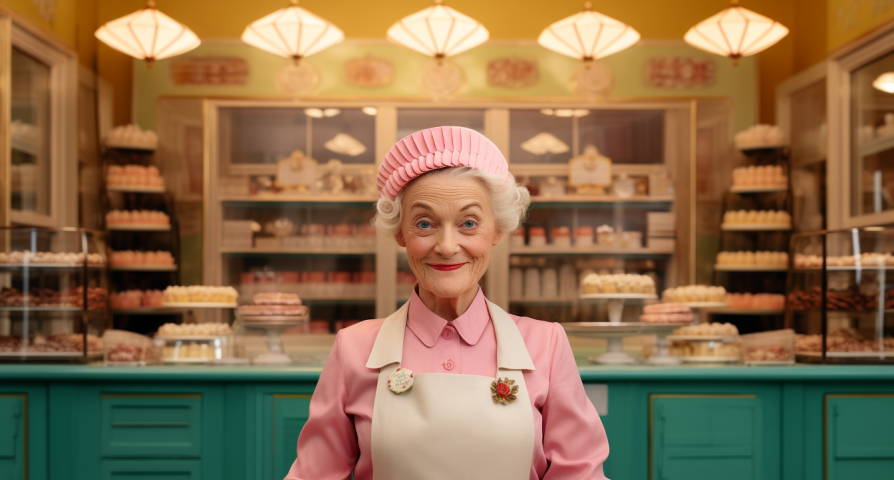 Symmetrically staged scene of a whimsical pastel-hued bakery, shot with a Fujifilm GFX 100S. The owner, an eccentric woman in her 70s, stands proudly at the counter, surrounded by a delightful array of pastries. Style of Wes Anderson. Rich detail. It should highlight the pastel color palette and the geometric precision in the composition. — ar 3:2 — v 5.2