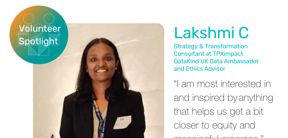 Photograph of Lakshmi smiling, alongside the quote “I am most interested and inspired by anything that helps us get a bit closer to equality and meaningful progress.”