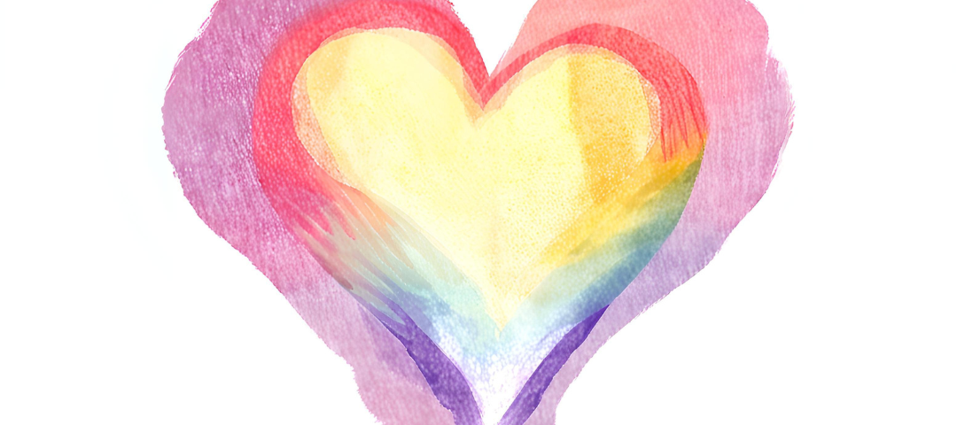 A watercolour style heart that appears to have light shining through it and a prism in the centre glowing in rainbow colours.