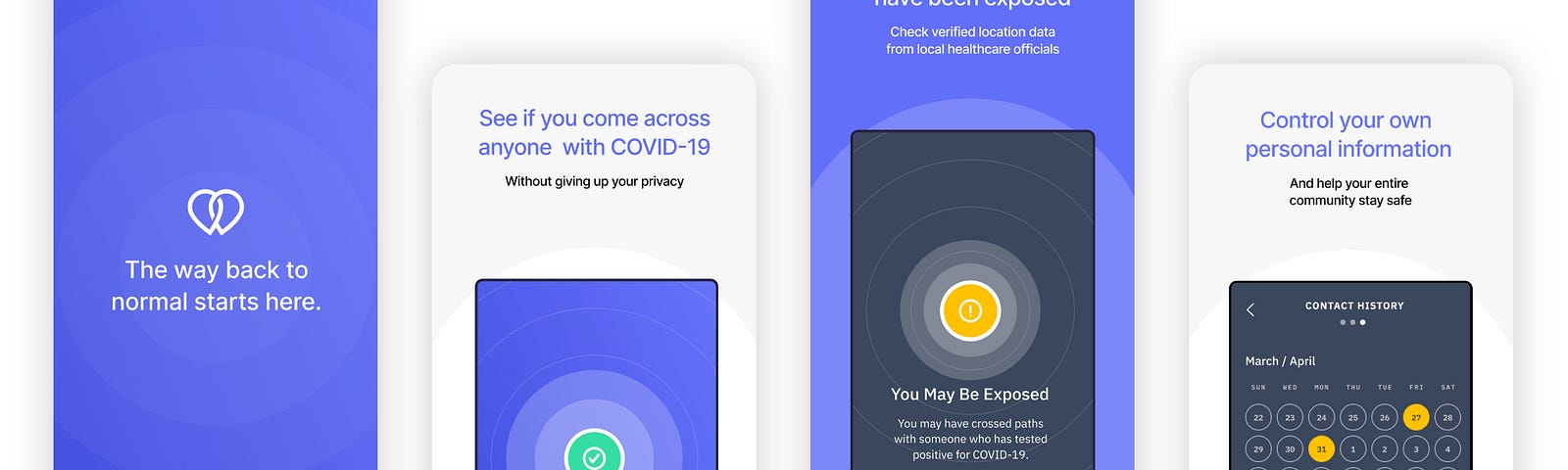 Screenshots from COVID Safe Paths, one of the first consumer apps that takes a secure approach to contact tracing.