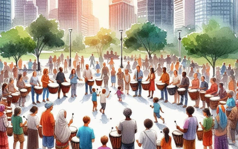 People in a drum circle in a city park, people are children, parents, and grandparents; people are Black, Asian, Brown, White, and male and female, show people in traditional clothes of their country, watercolor, soft strokes, faces not detailed, image represents UBUNTU