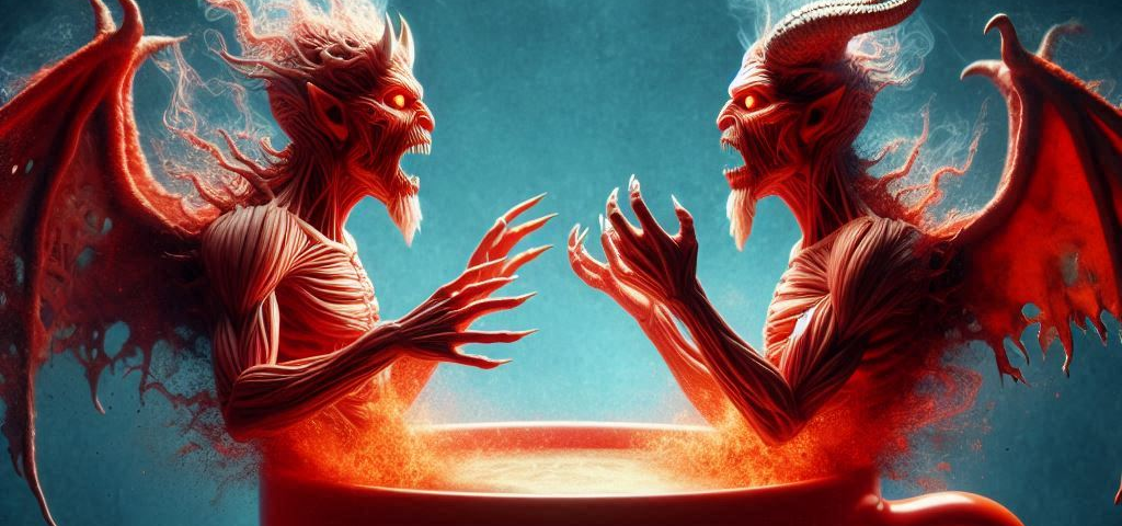 Two images of satan standing in a coffee cup and looking like they will fight each other.