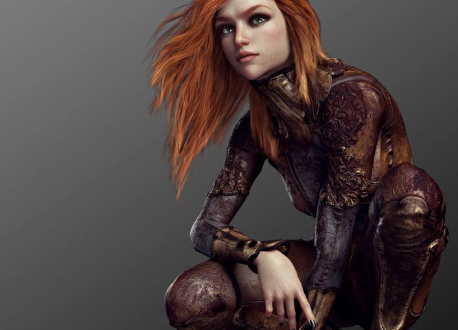 digital image of woman with red hair dressed in a leather outfit, with fox ears and tail