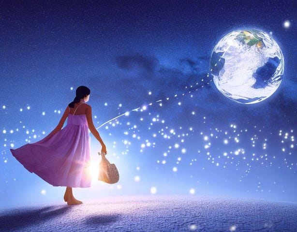A small woman, circling the globe, wearing a nightgown, holding a small sack, leaving a trail of stardust behind her, night sky with stars, in the style of Vashti Harrison