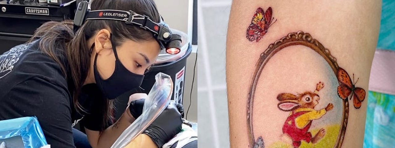 The author giving someone a tattoo (left) and a completed tattoo by the author (right).