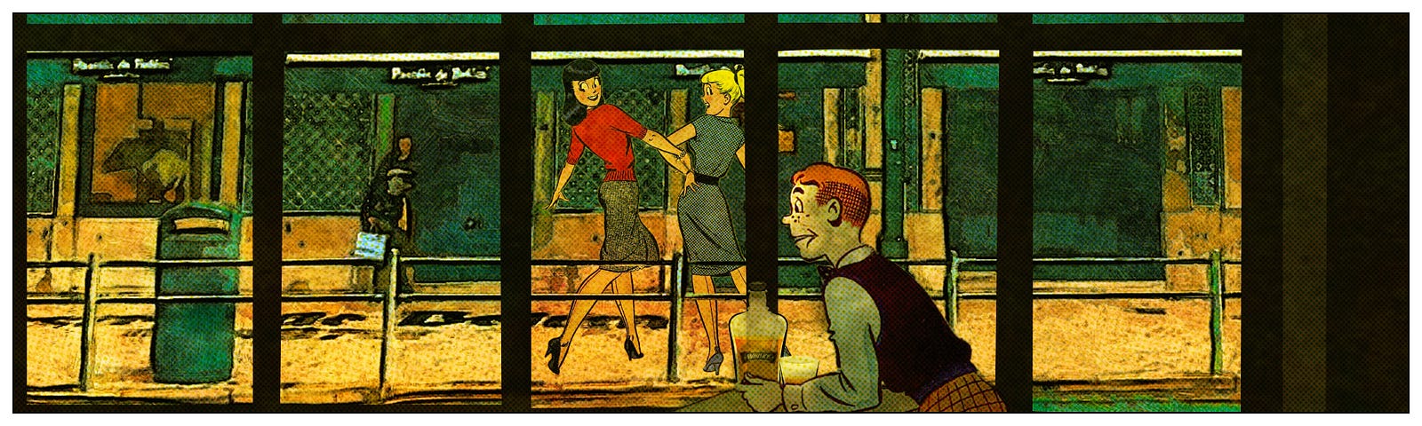 Archie watches Betty and Veronica while crying in his beer.