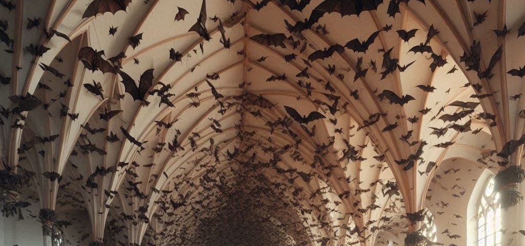 Bats swarming inside a church.