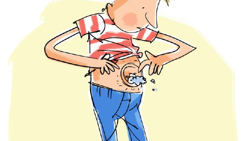 Cartoon image of a man in red striped shirt and blue pants looking at his linty giant belly button