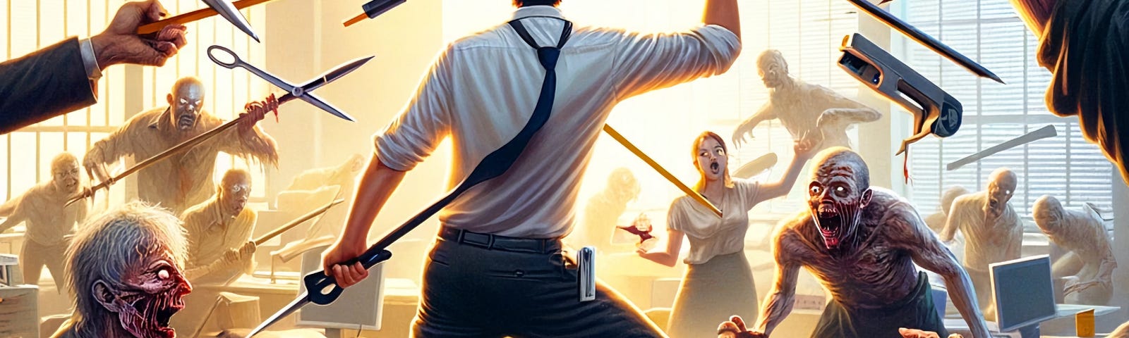 Man in business attire battles zombies with office supplies