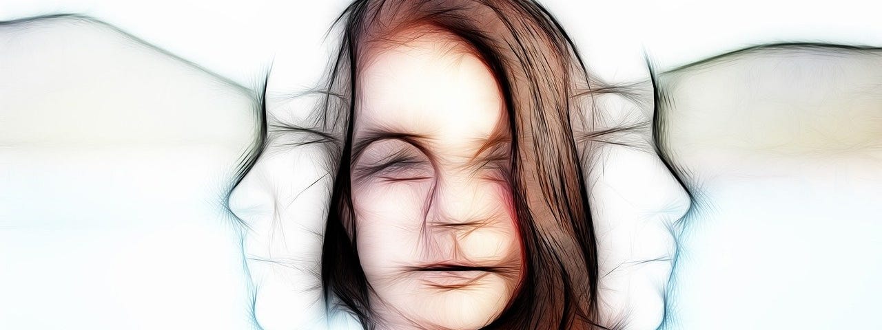 Image of a woman with three faces looking in three different directions.