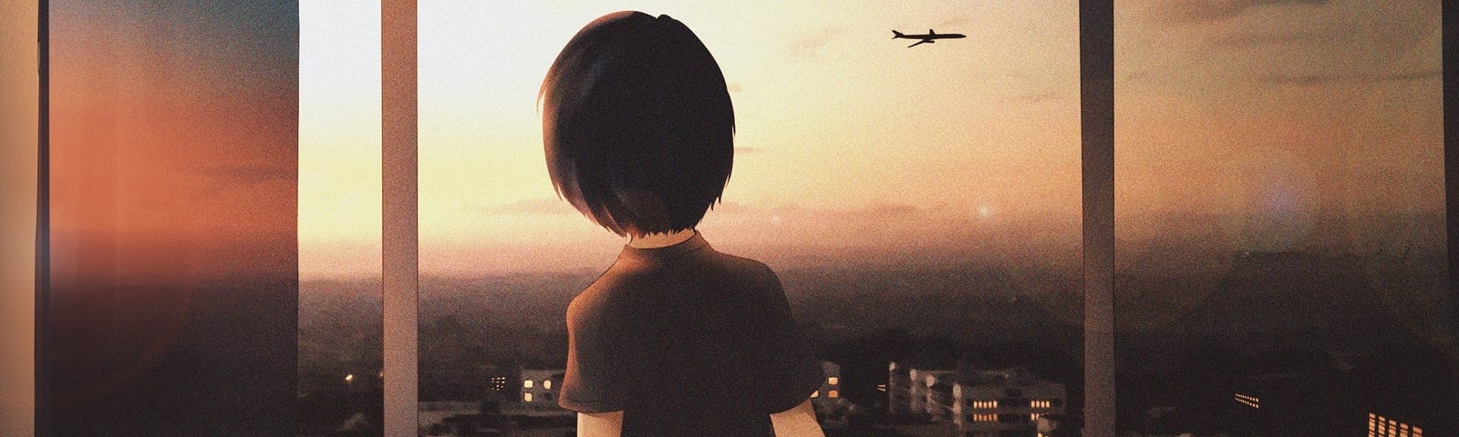 A short-haired woman, with beer on hand, watching the horizon with a plane flying by.