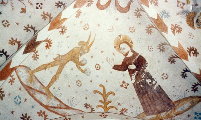 Devil extending stone to Christ in Danish wall painting, 15th century