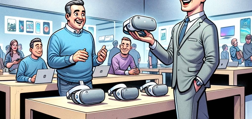 Cartoon depicting a man in an Apple Store showcasing the new “Vision Pro” headsets. The scene captures the excitement and interest of customers in the store