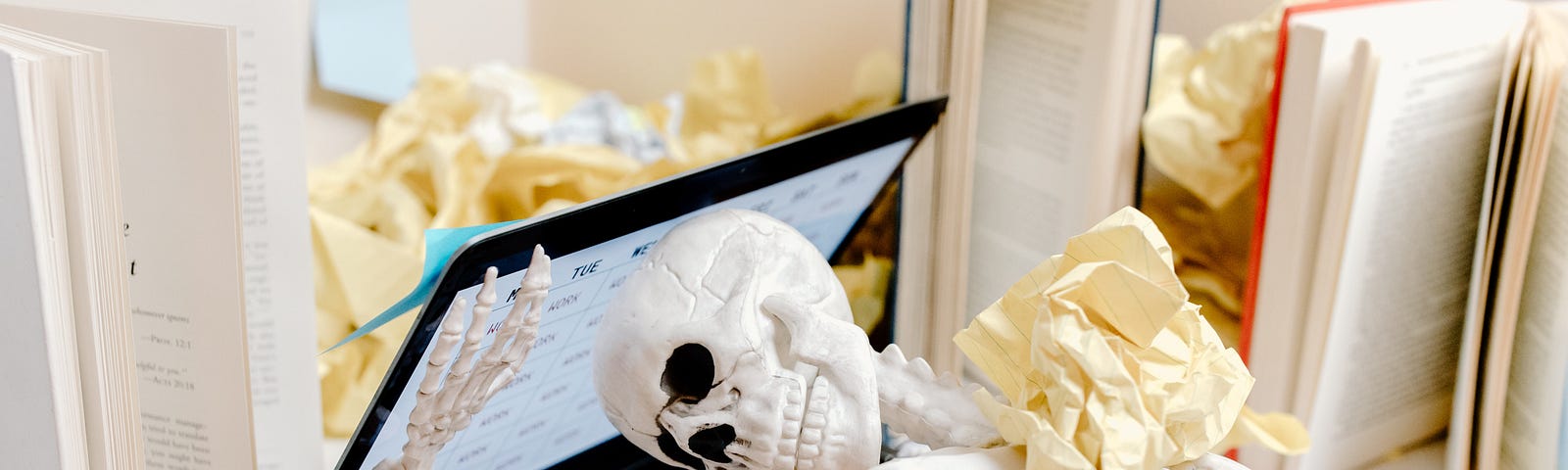 A skeleton lying on the laptop