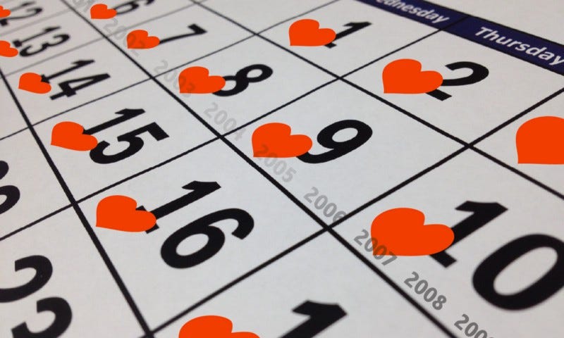 Digital illustration of a calendar with hearts on each day