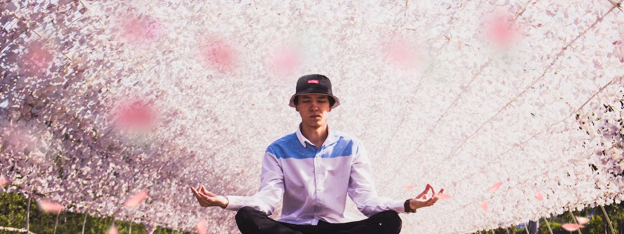 Man meditating in the middle of a pathway with pink blossoms.