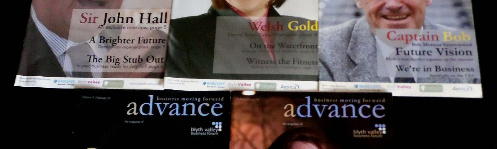 The cover pages of five issues of Advance magazines, done in two different styles