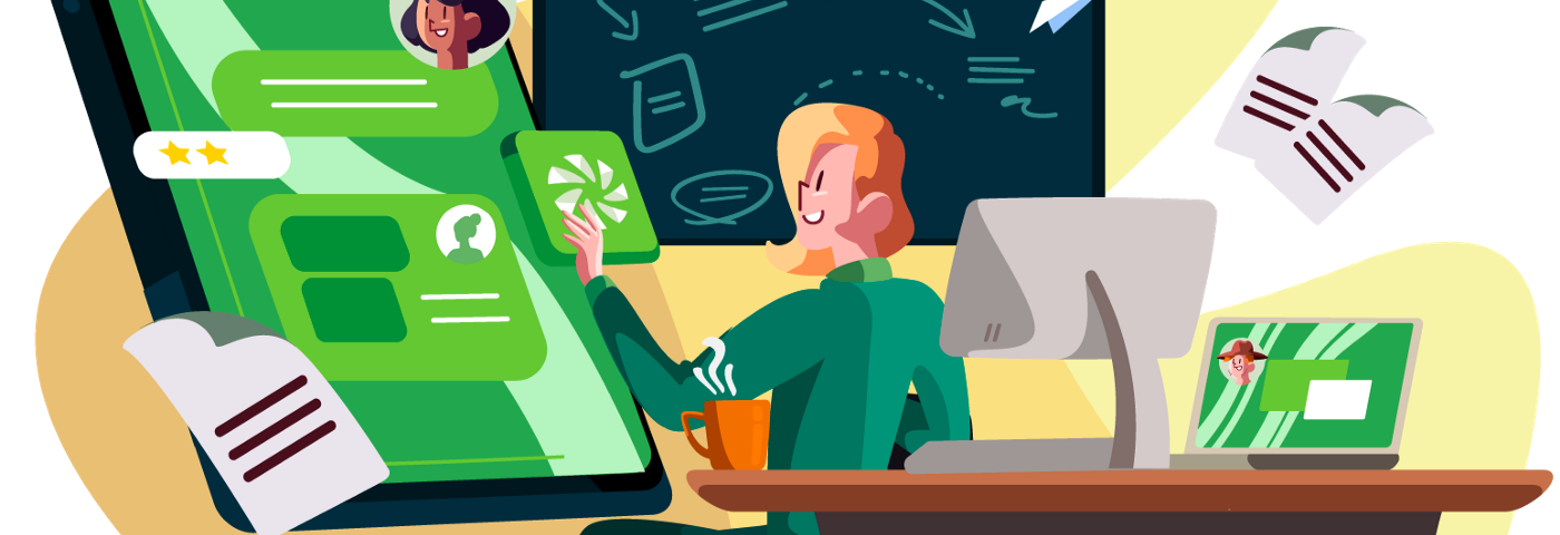 Ilustração de uma mulher com cabelo loiro e roupas verdes, sentada em uma mesa de escritório e mexendo em um tablet com dados sobre o Sicredi.