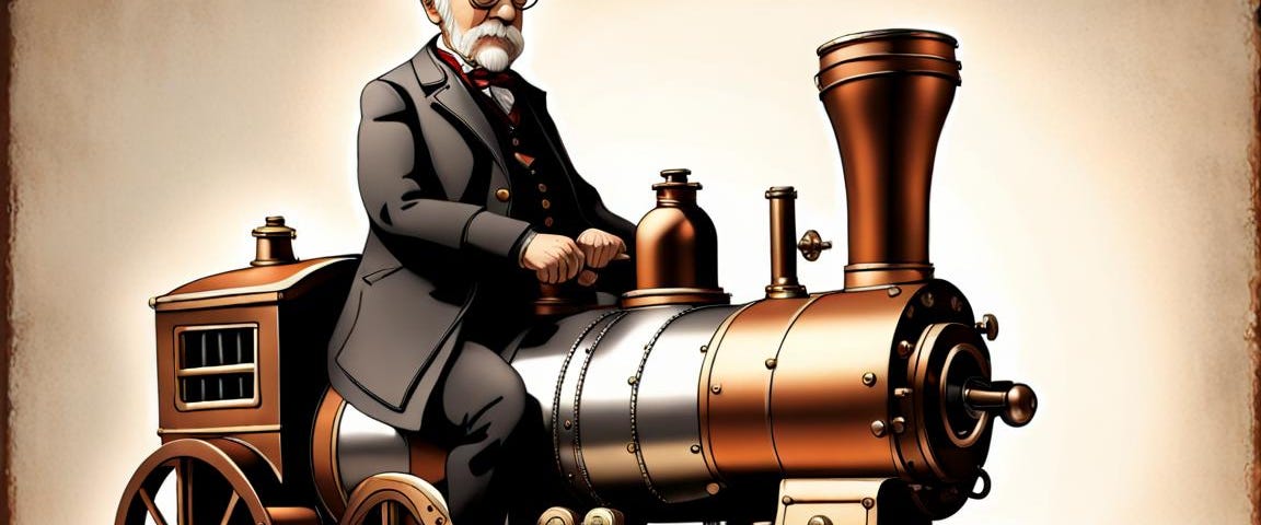 Old man sitting on steam engine