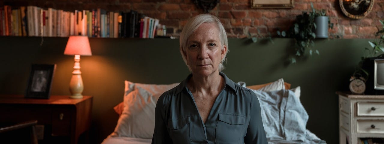 An older woman sitting on a bed.