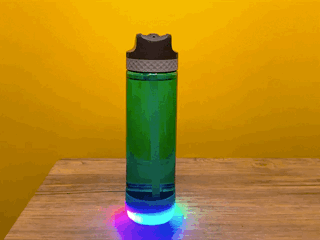 This is a water bottle with a flashing light at the bottom, flashing rainbow colours