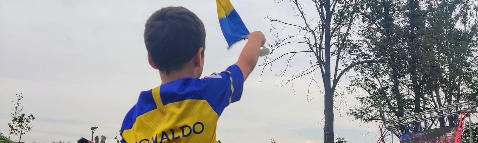 boy waving flag as soccer game plays