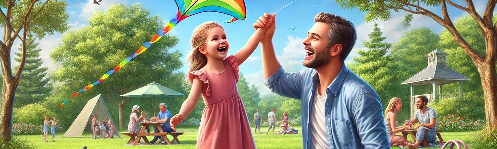 Little Emma and her dad enjoying a joyful moment together in a park, where they are flying a kite during a picnic. This scene captures their happiness in sharing simple pleasures.