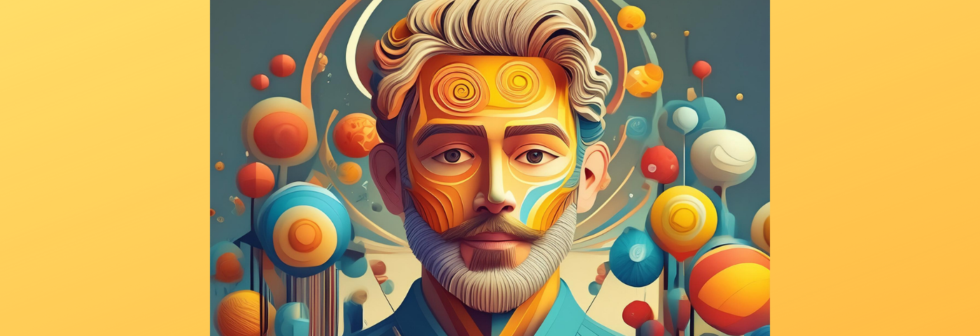Stylized art image of bearded man surrounded by spheres, pencils, paper, and house models.