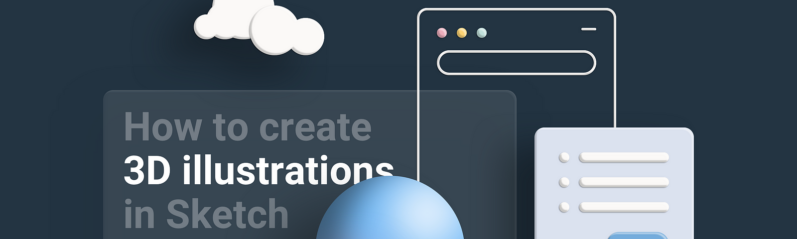 3D illustration of some UI elements, two spheres and a cloud hovering over dark background