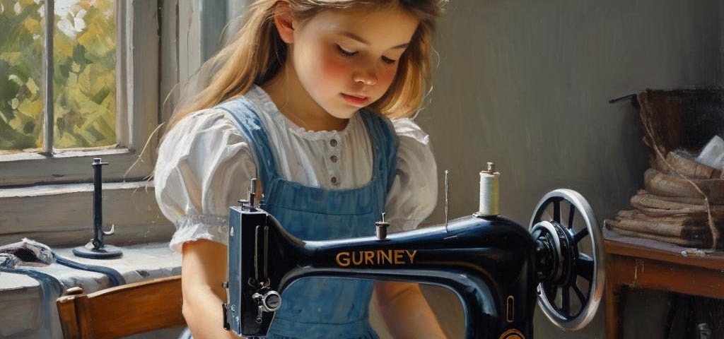 Oil painting of a little girl learning how to use an antique sewing machine.