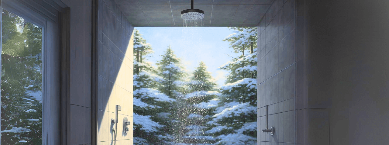 A shower surrounded by snowy trees.