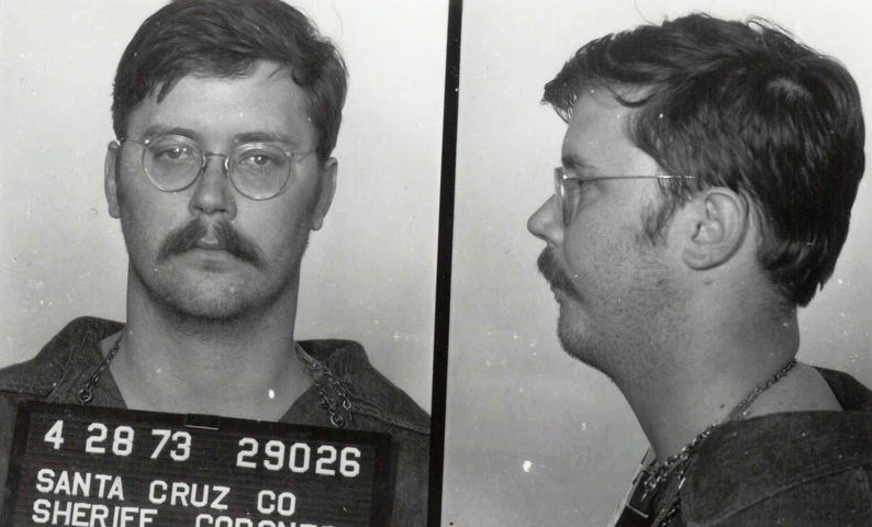black & white mugshot and side profile of serial killer Ed Kemper