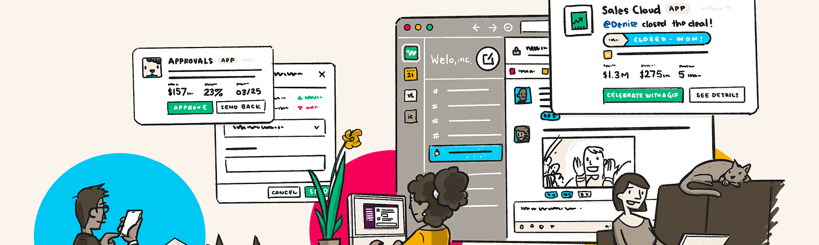 Illustration showing teammates in multiple different locations collaborating on deals through Slack. They use quotes, approvals, and celebrate when they close the deal.