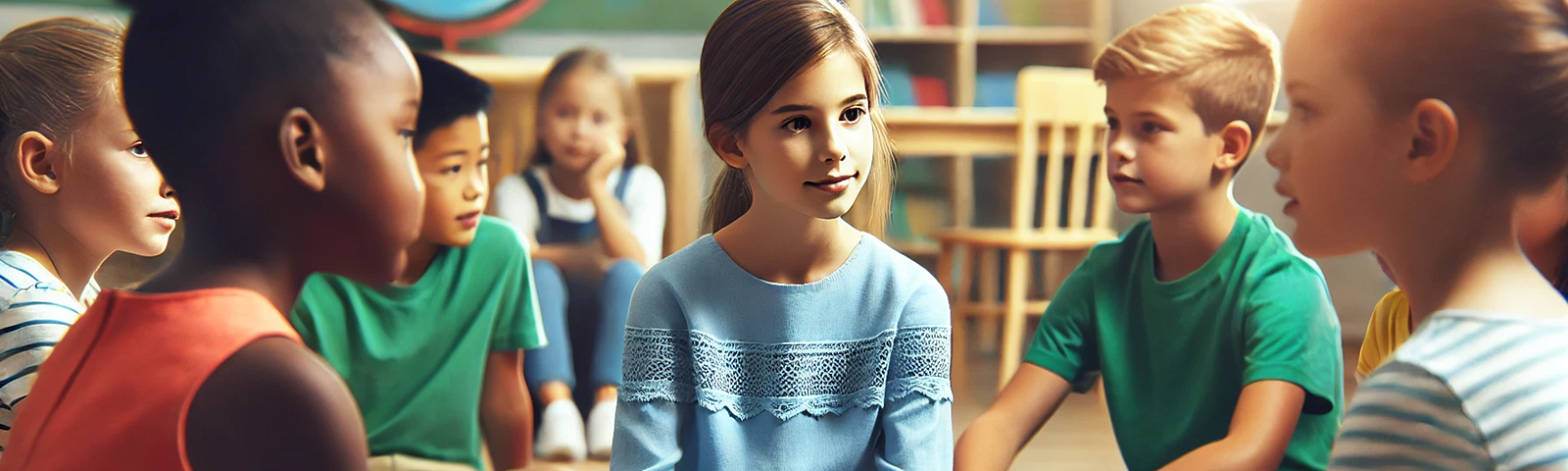 Sophie is sitting in a circle with her friends in a classroom or playground setting. She is attentively listening to a friend speak, demonstrating active listening. The environment is colorful and vibrant, designed to foster a supportive and engaging learning atmosphere. The image captures a moment of communication and interaction among schoolchildren, emphasizing the importance of listening and understanding in conversations.