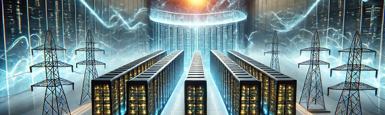 IMAGE: An illustration representing a big data center with power lines and a depiction of the massive energy consumption