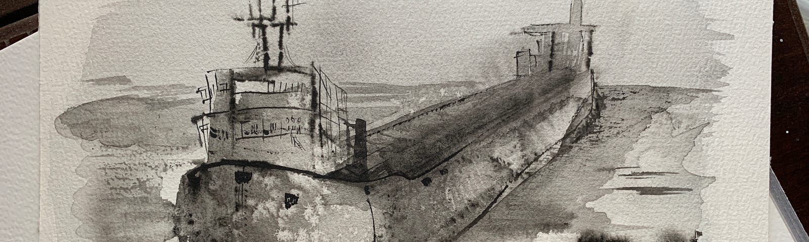 A watercolor freighter painted using lamp black and table salt