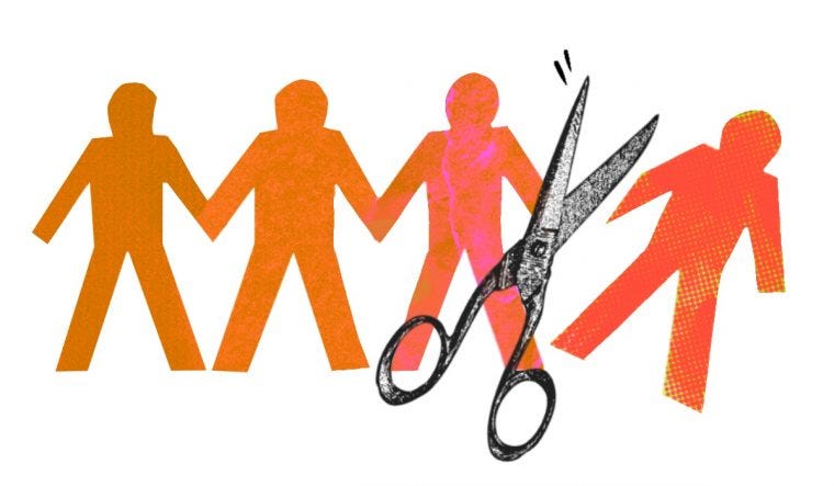An illustration of four paper people, all the same. With some scissors cutting away one of the people. The fourth person is falling away from the other three.