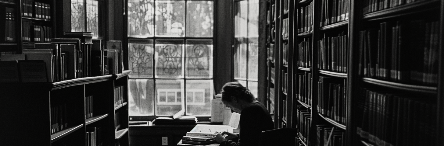A librarian sits alone at a desk in a dimly lit library, surrounded by tall shelves filled with books, with soft light streaming in through large windows.