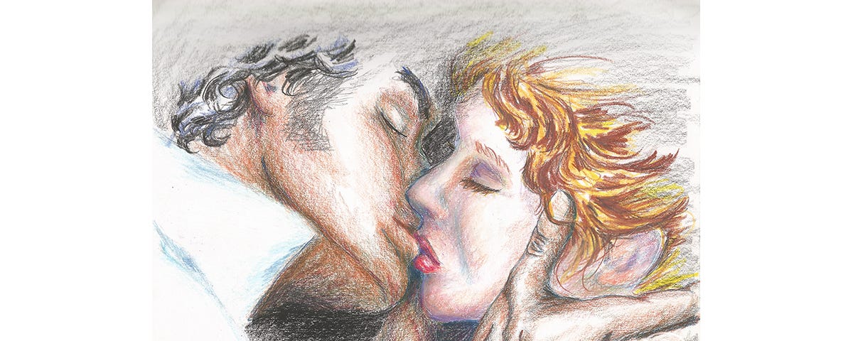 “Whisper Me a Kiss” — a colored pencil drawing of a tender kiss, drawing by the author to accompany the poem of the same name.
