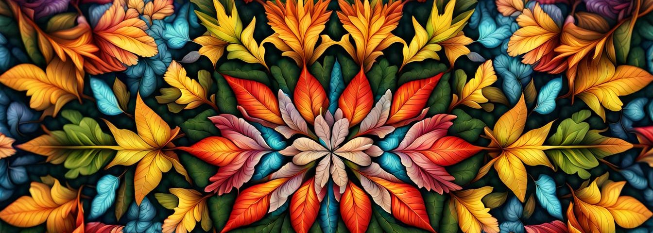 Kaleidoscope showing multiple colours, leaf