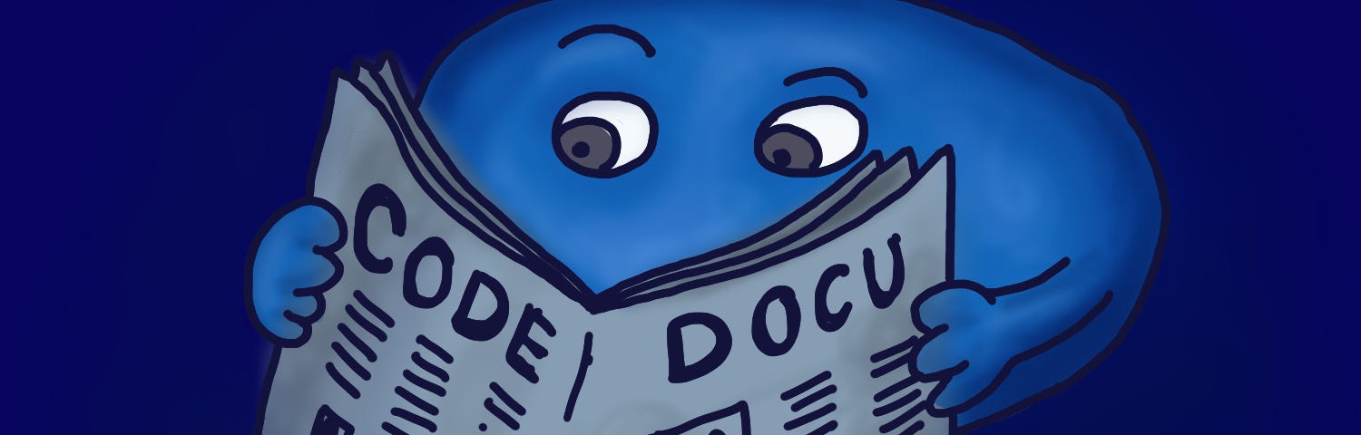 Blue monster raising an eyebrow while looking at newspaper which shows in big letters “CODE DOCU”