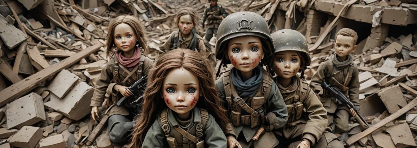 Children of War amongst rubble, artist impression