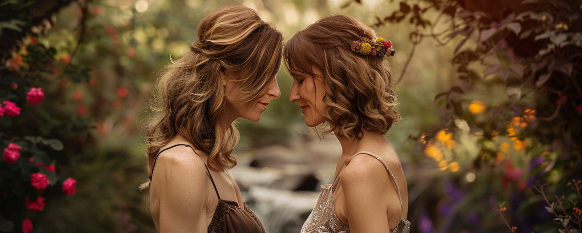 Two women stand in the middle of a bridge over a babbling brook finding the healing of a miasma they have in their relationship. Beautiful nature, trees, flowers surround them.