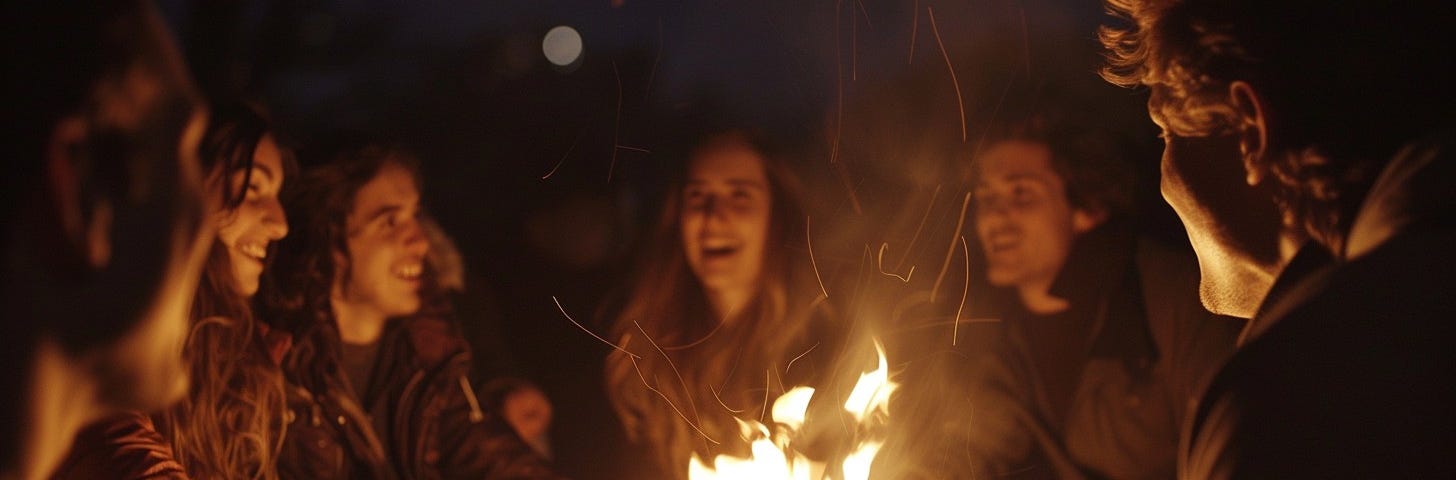 Friends gathering around the warm campfire, sharing stories and laughter on a cool evening outdoors.