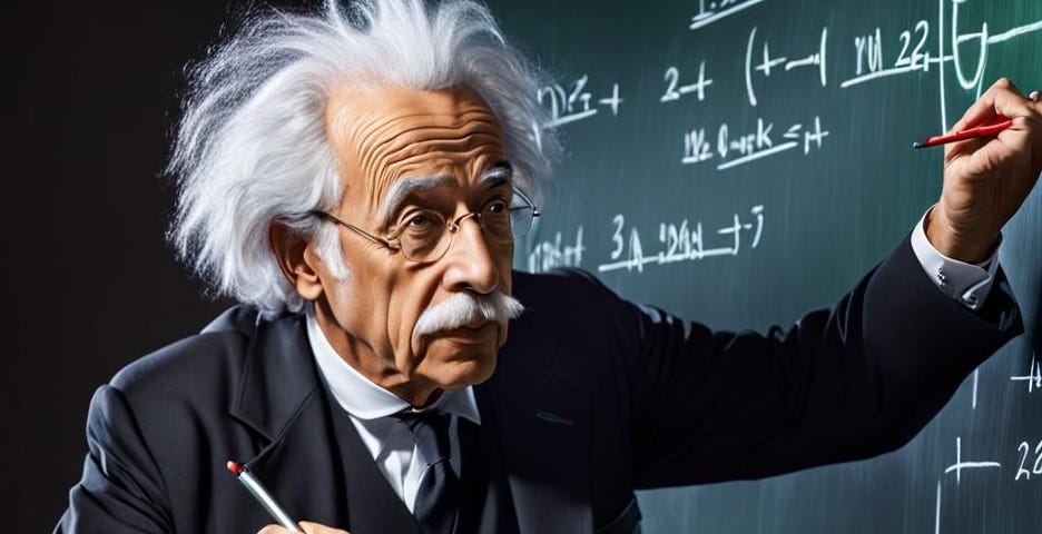 AI image of Albert Einstein standing by a classroom chalkboard