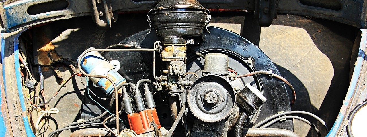 IMAGE: A view of the engine of an old Volkswagen Beetle